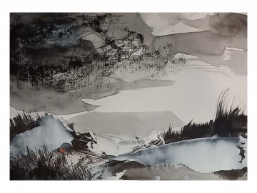 |+|Cloud 5 / Tusche, Mixed Media und Collage, 2026 / 19 x 30